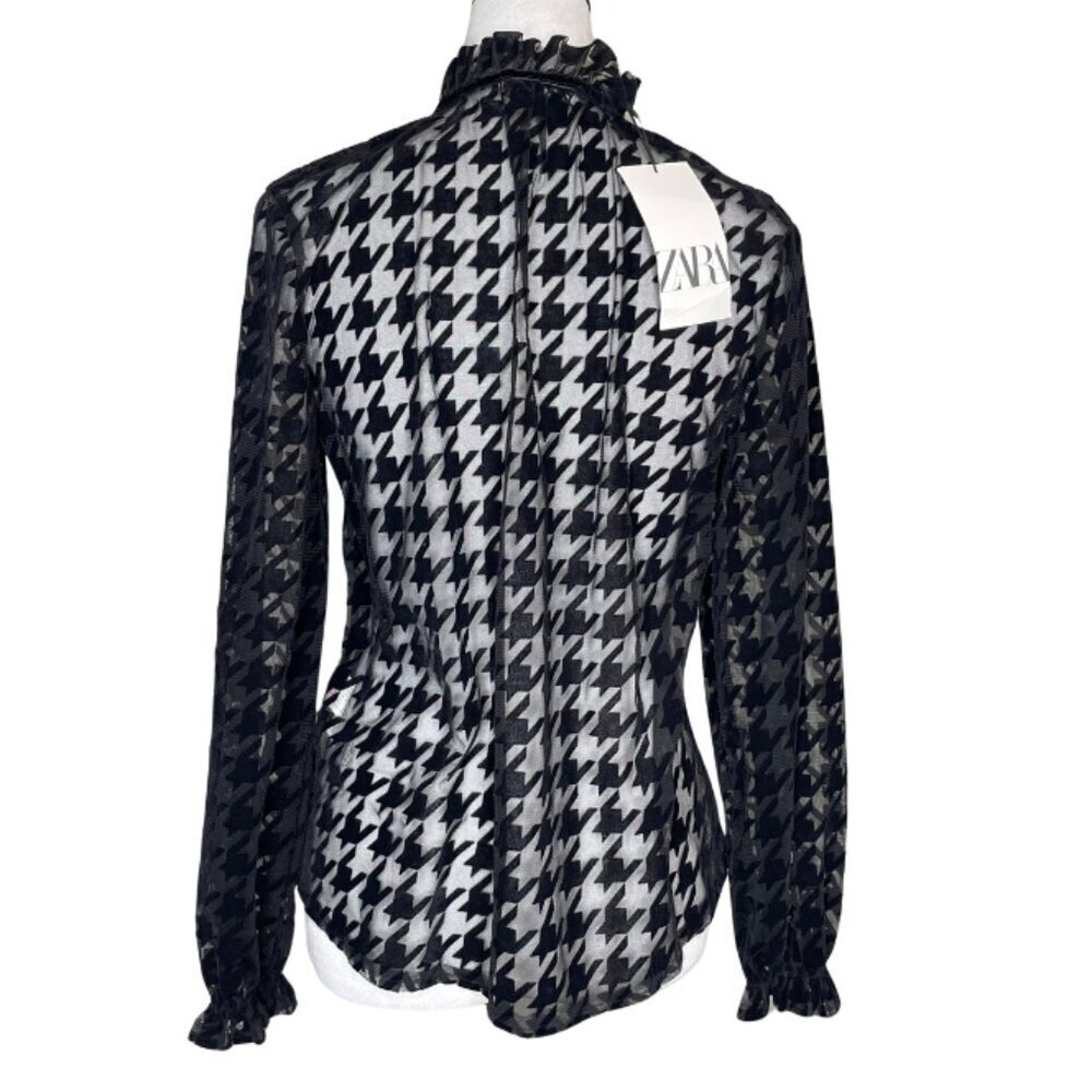 ZARA Goth Houndstooth Mesh Velvet Burnout Blouse Tie Neck Sheer Top Sz S - Picture 5 of 9
